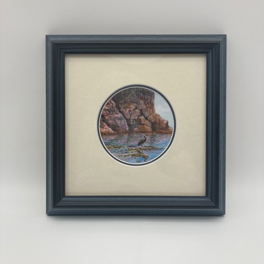 Gordon Henschel Framed Art Print Blue Heron Coastal BC 22x22 cm Dated 2002